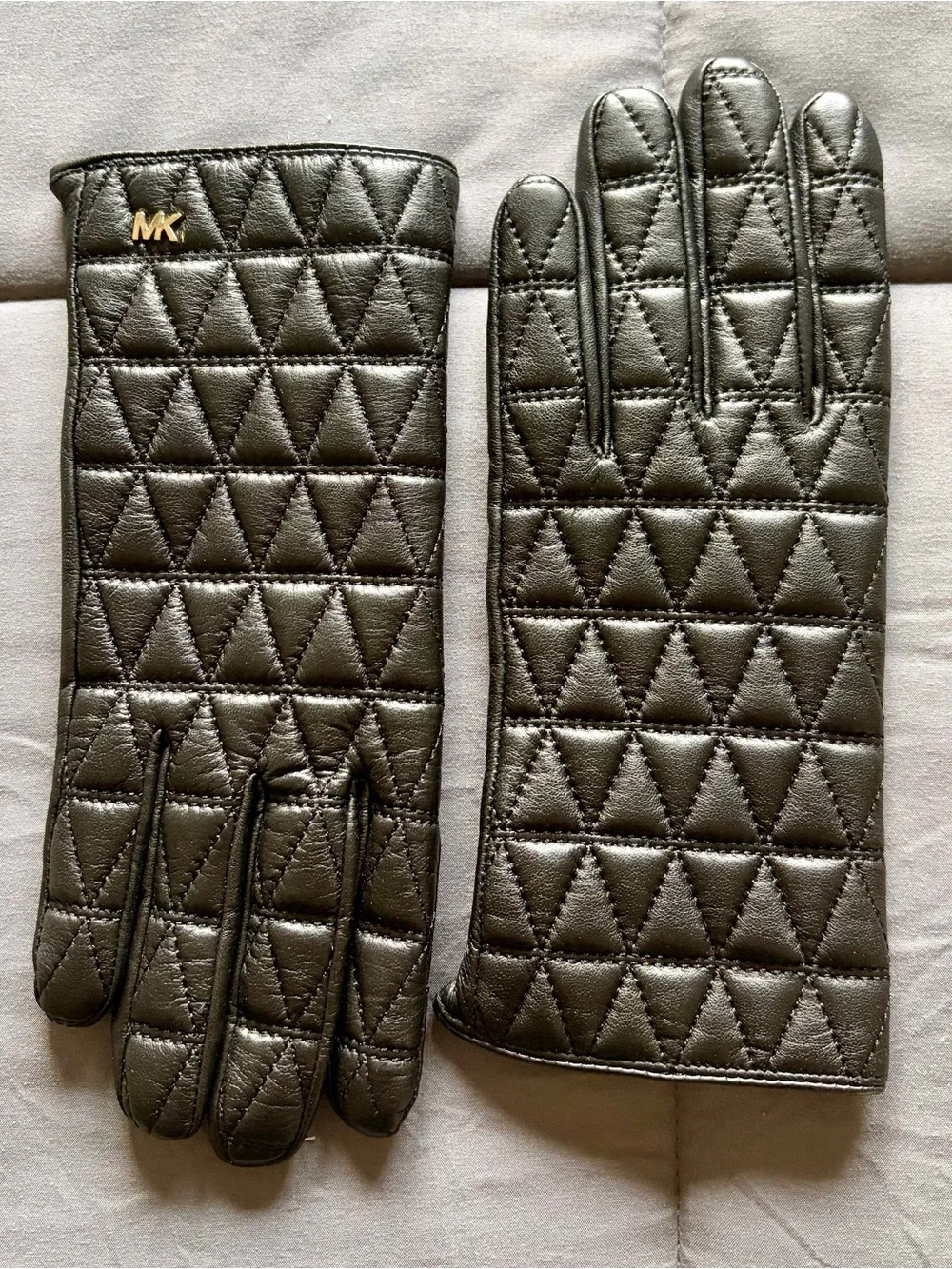 Michael Kors Black Quilted Leather Gloves with Gold MK Charm